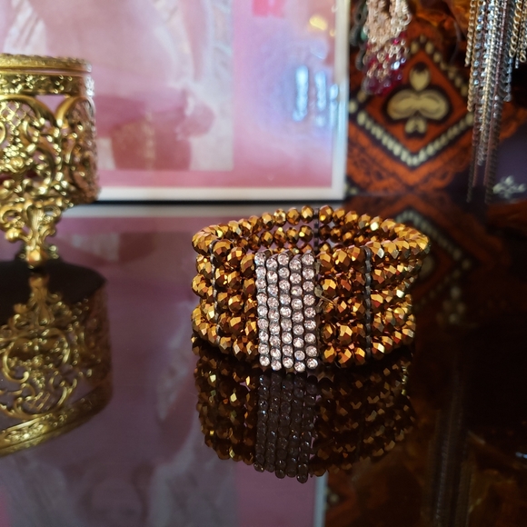 Vintage 80's gold/rhinestone stretch cuff bracelet - Picture 1 of 3